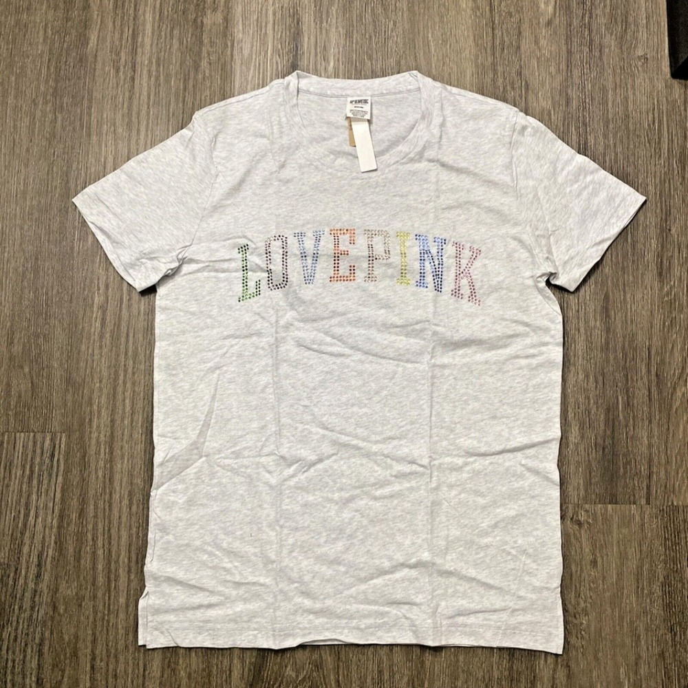 Victoria's Secret LOVE PINK Bling-Bling Shiny Campus Tee Shirt Gray Medium